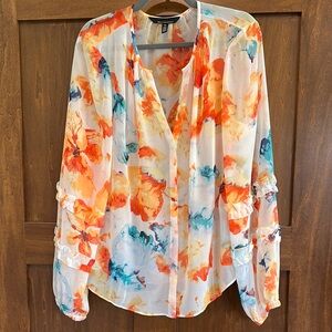 WHBM Floral Watercolor Blouse - Orange and Blue